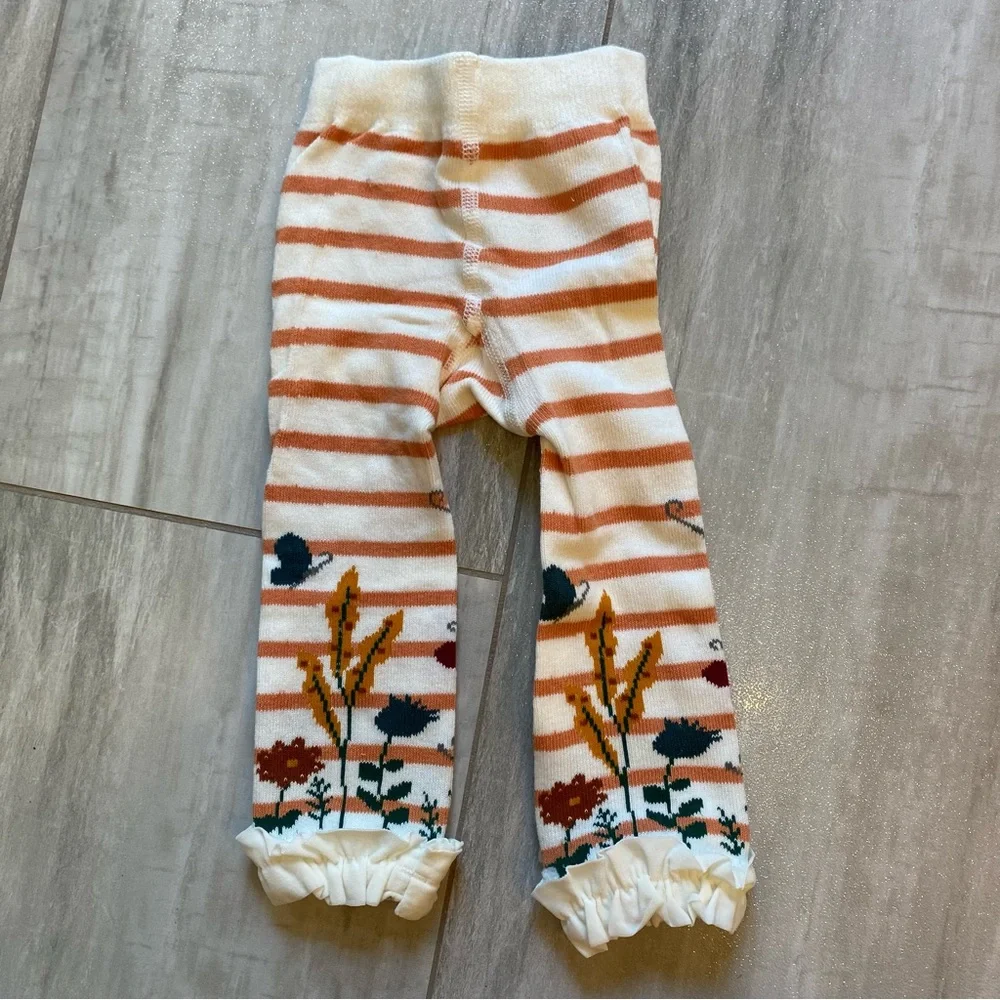 NWT RuffleButts Cider Stripe Butterfly and Flowers Ruffle Footless Tights 0-6M